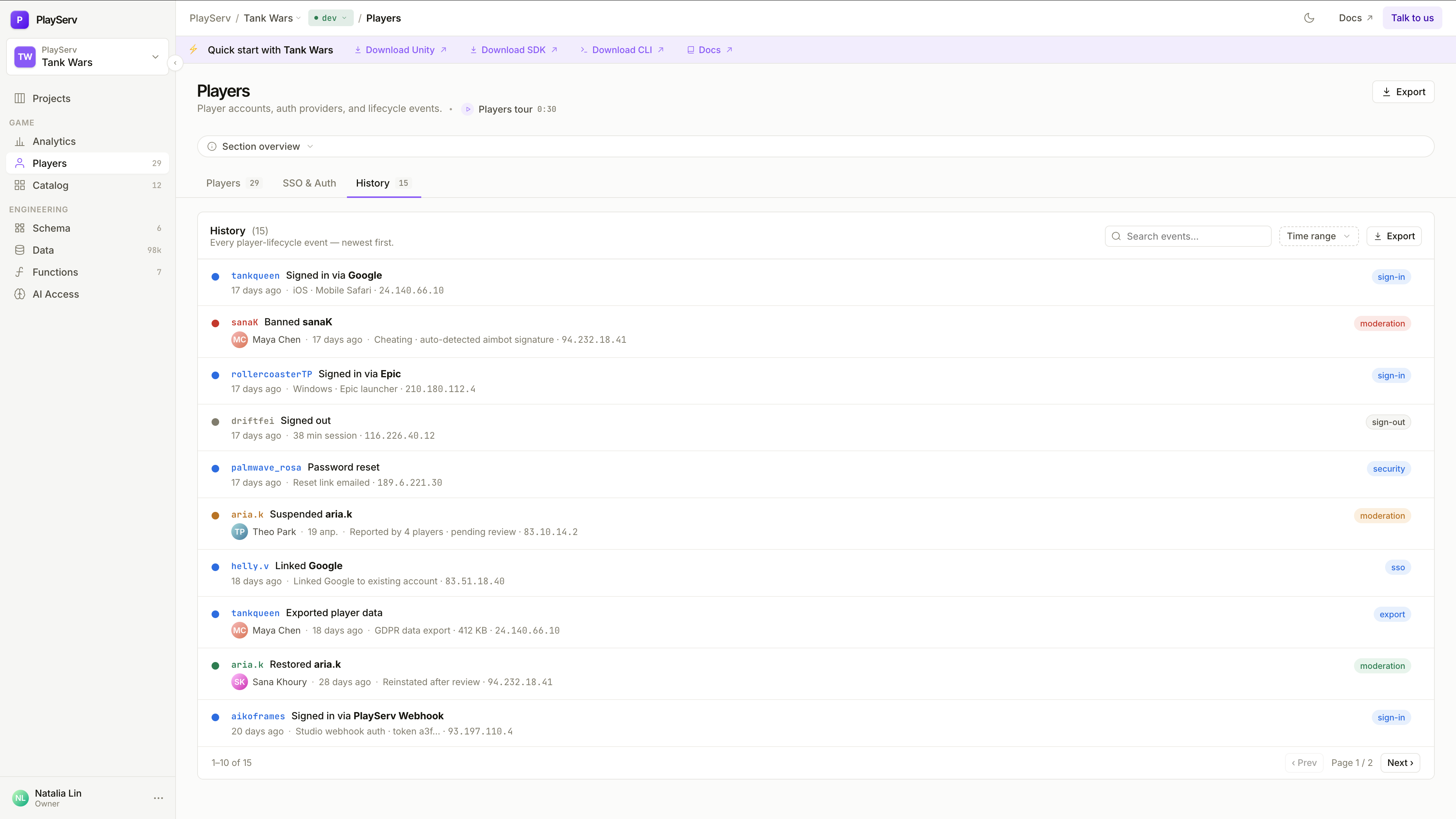 History tab — chronological player-lifecycle events with search and time-range filter