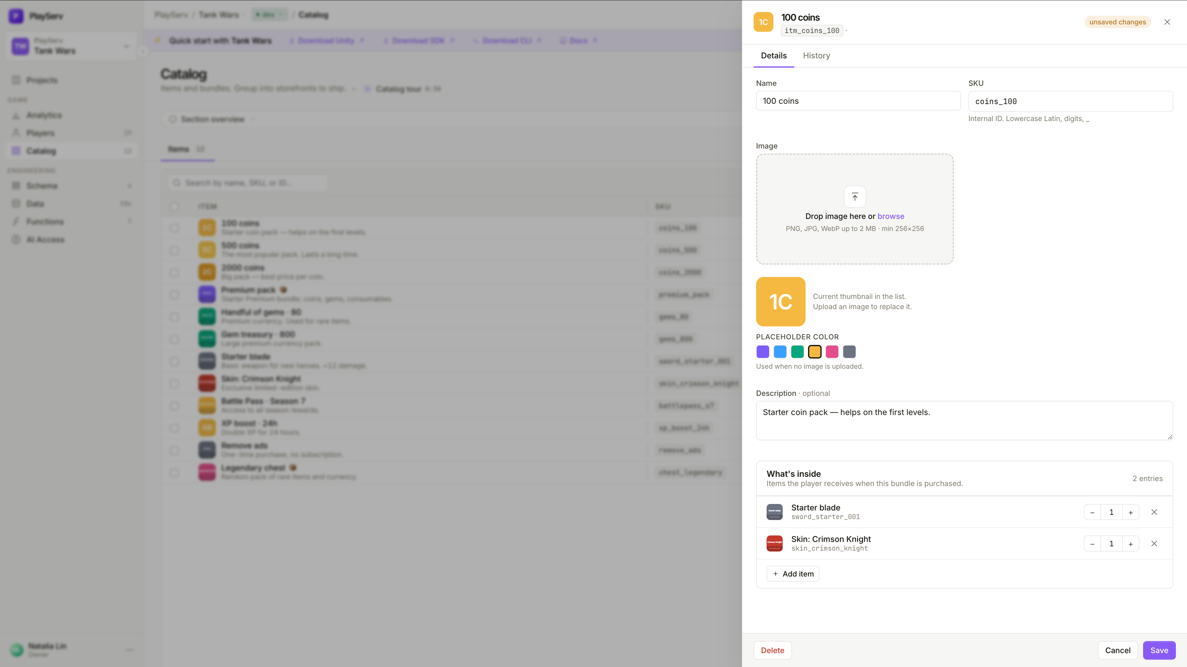 Conteúdo do Bundle — itens e quantidades que o Player recebe