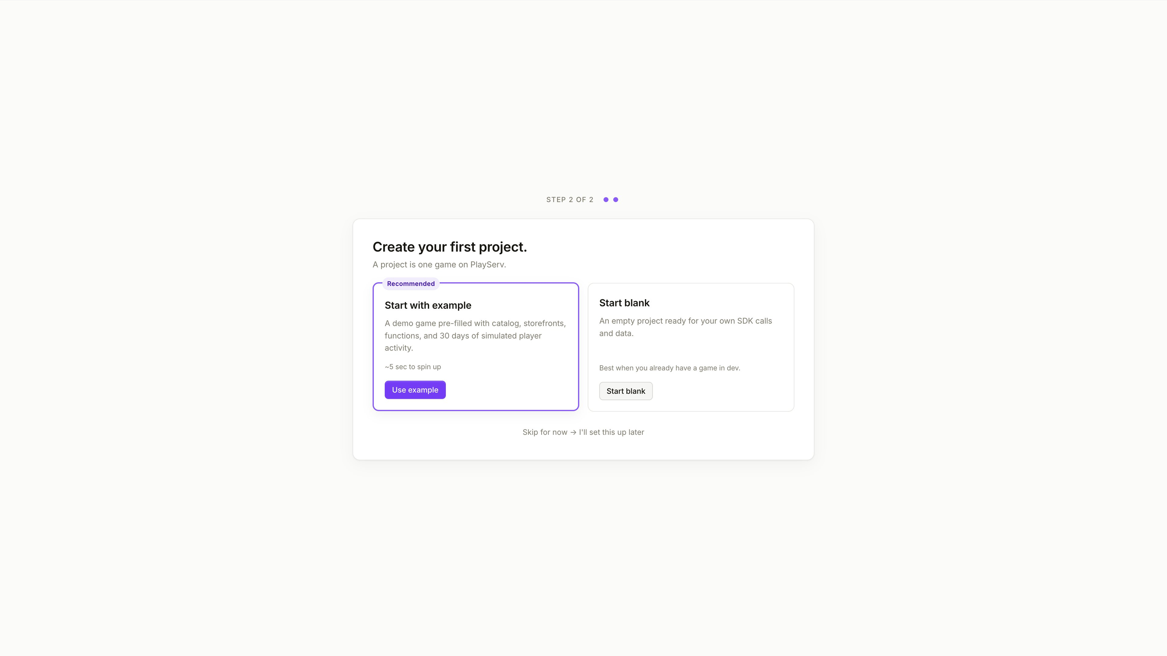 Tela de criação de Project com as opções Start with example e Start blank