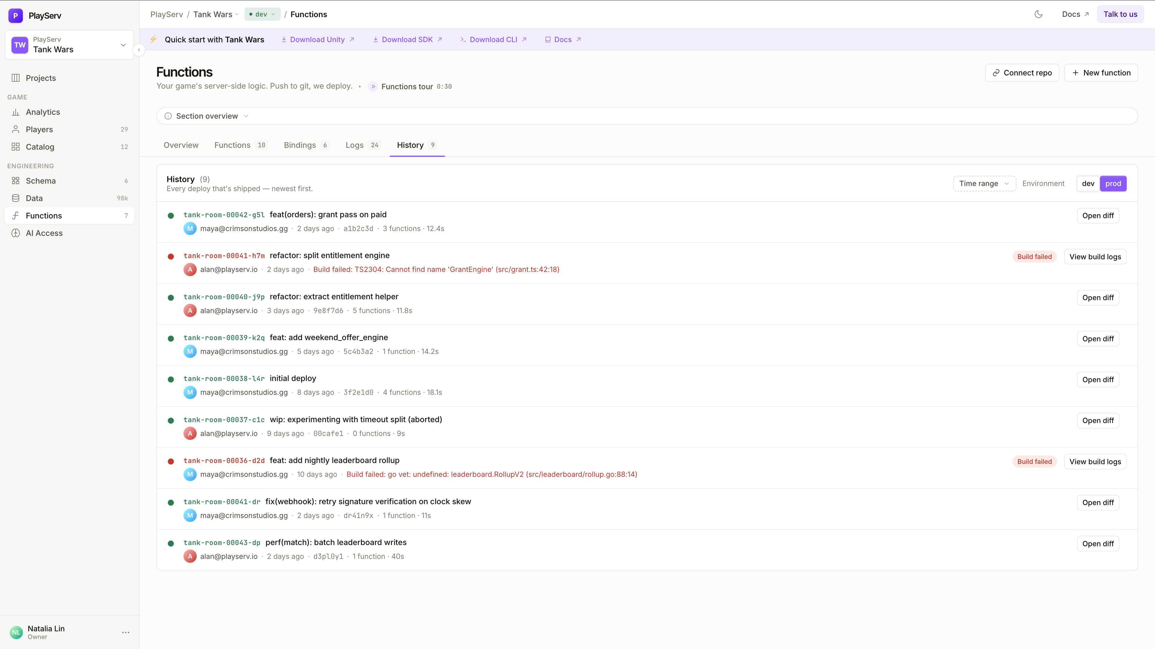 Detalhe da Function — aba Status com réplicas e At a glance