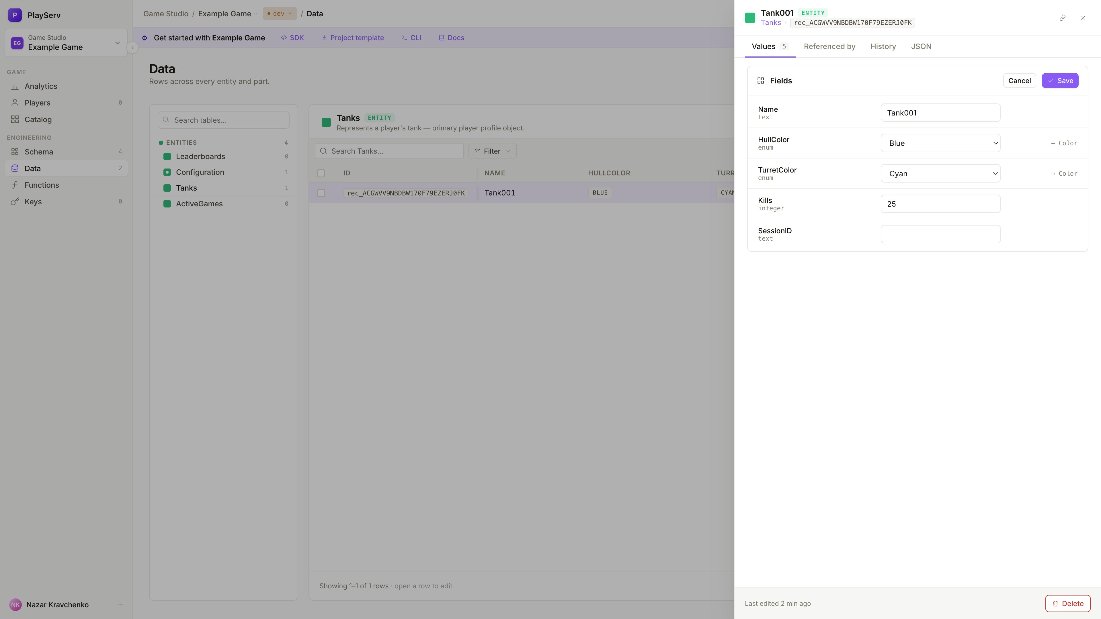 Painel de edição de Record com as abas Values, Referenced by, History e JSON