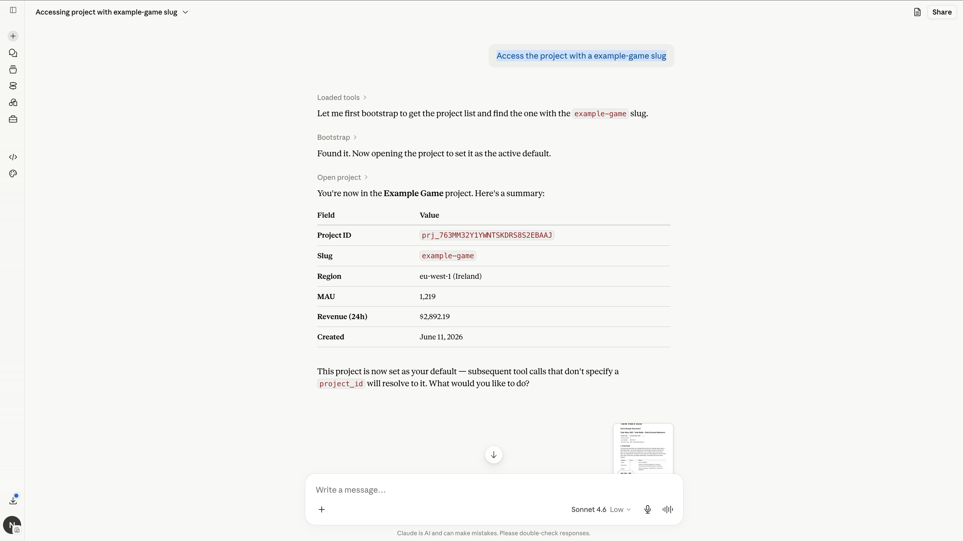 Resposta do Claude depois de conectar a um Project — com a tabela de resumo do Project