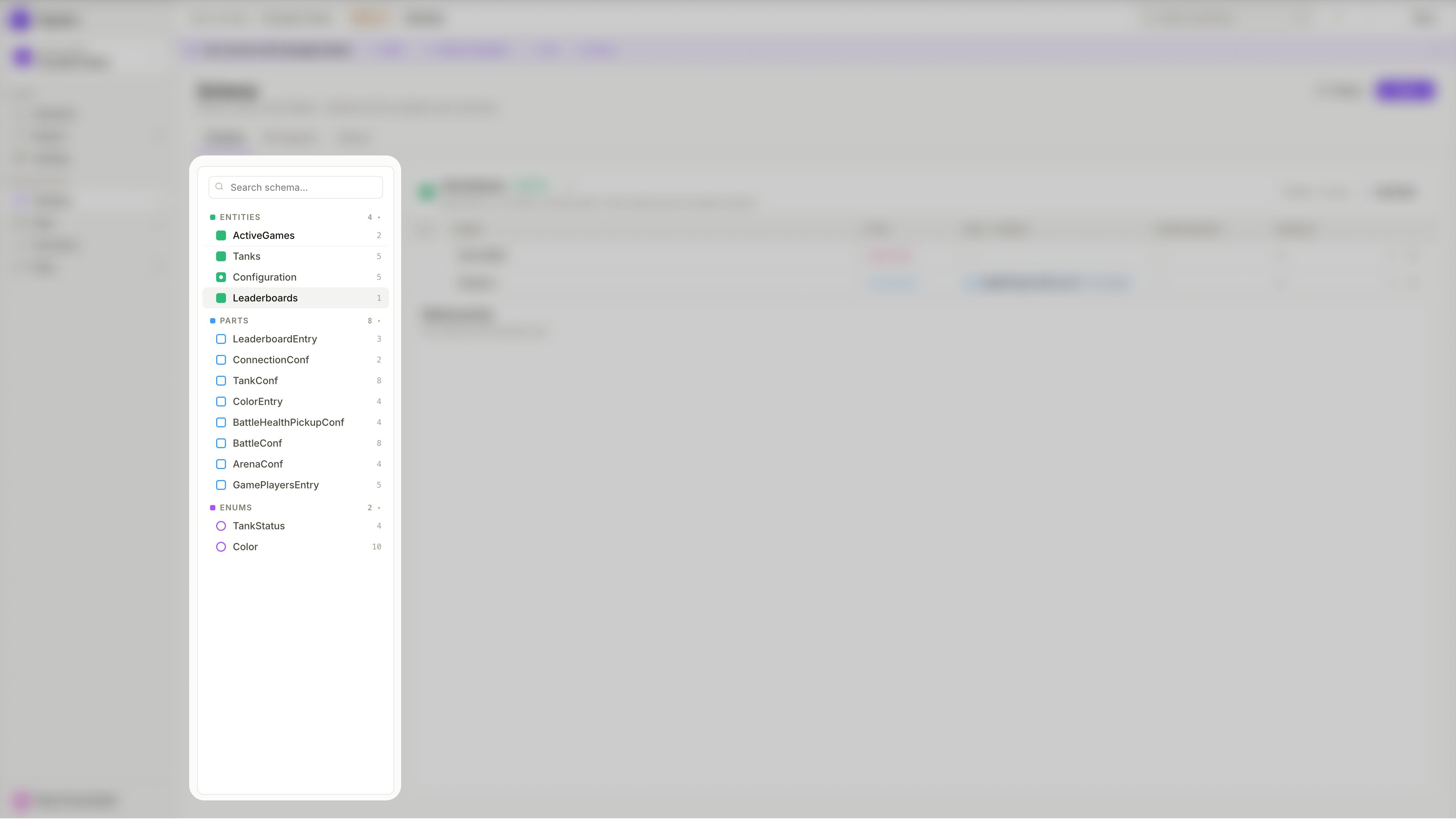 Entity, Entity Part e Enum no editor de Schema