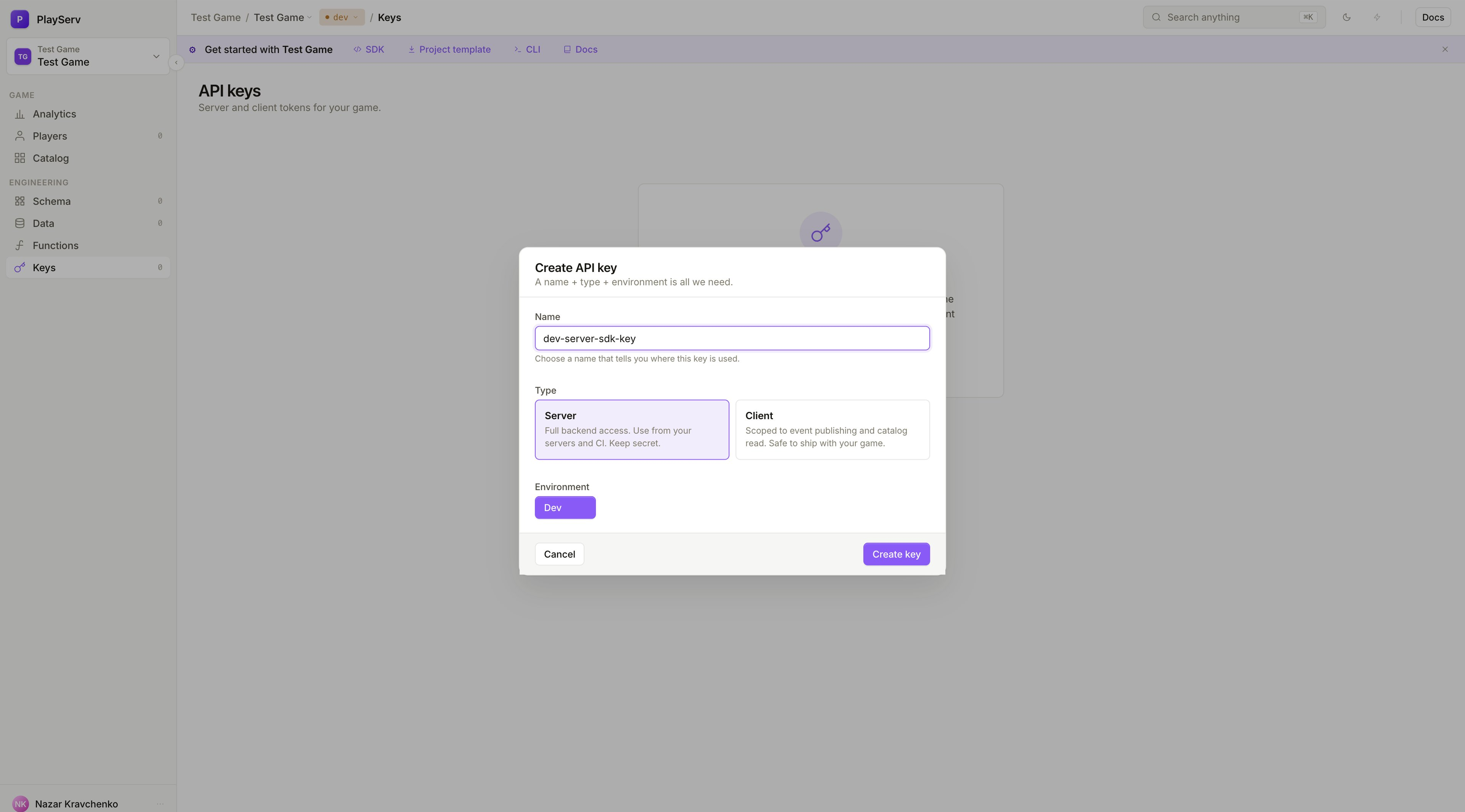 Formulário de criação de API key