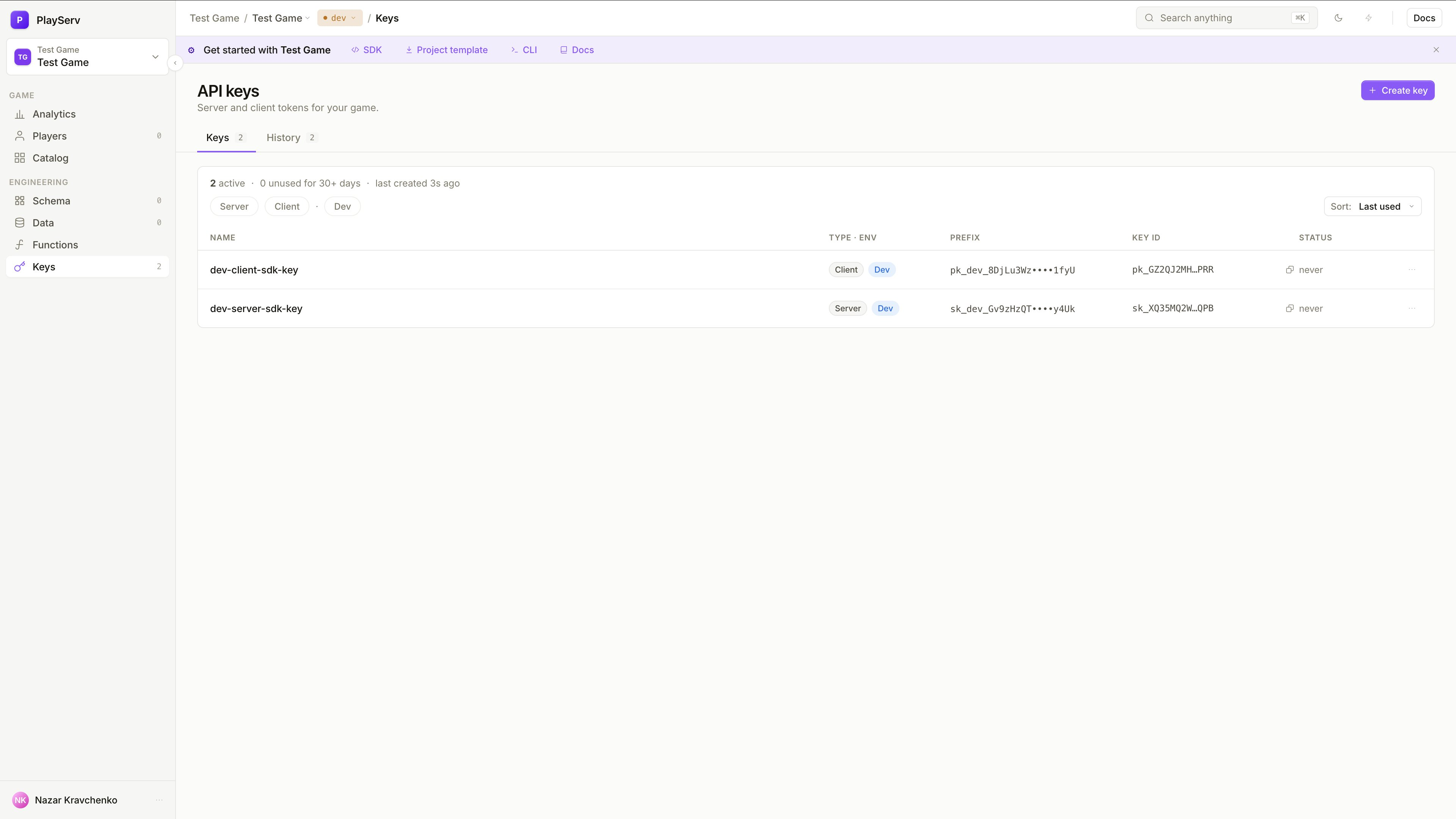 Lista de API keys com keys Server e Client