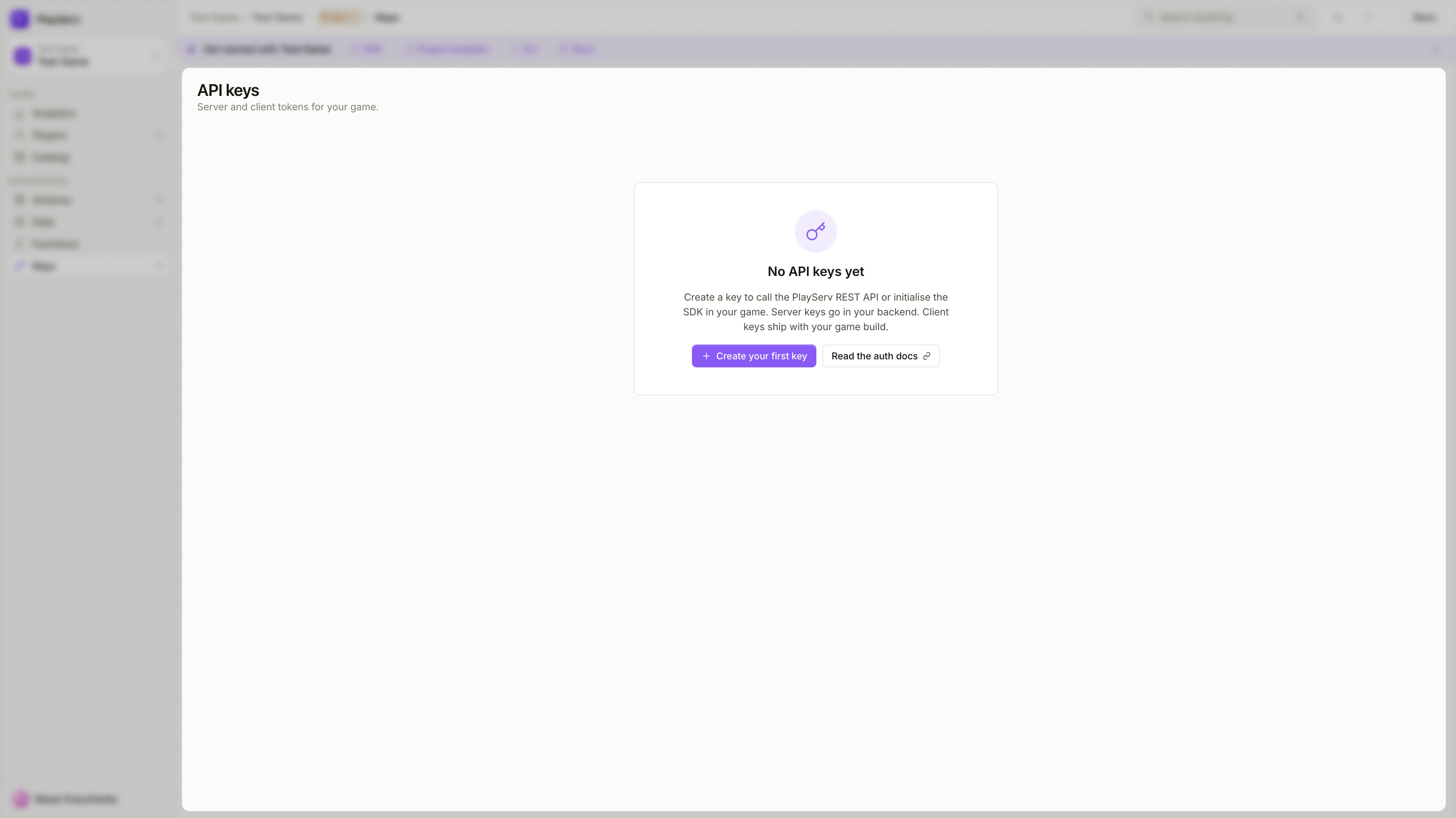 Página de API keys — estado vazio