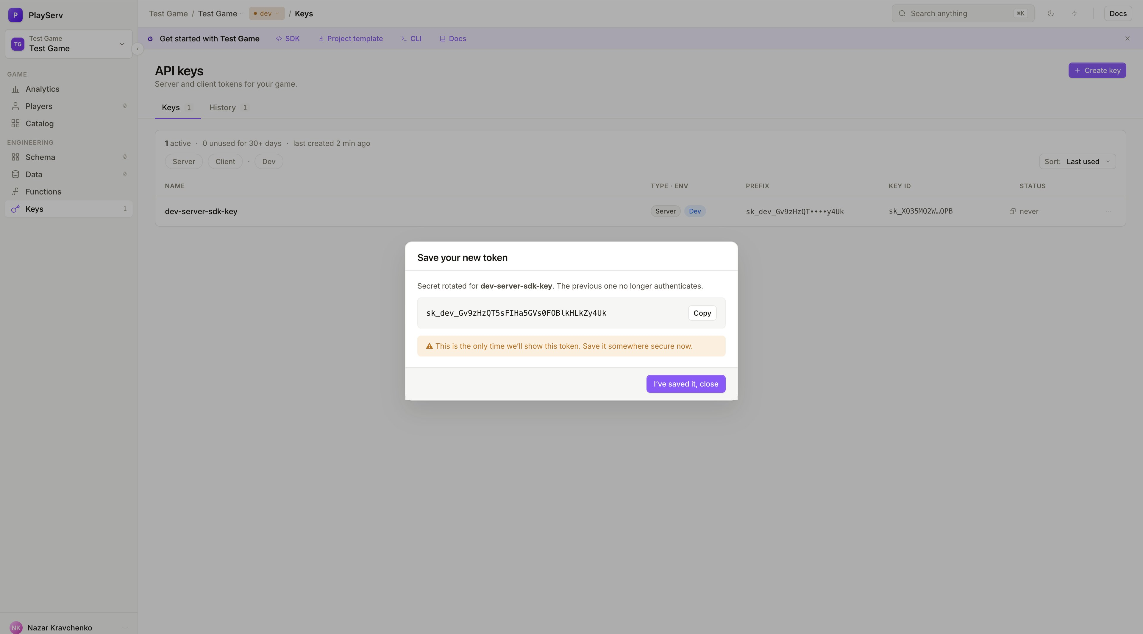 Diálogo Save your token após a rotação