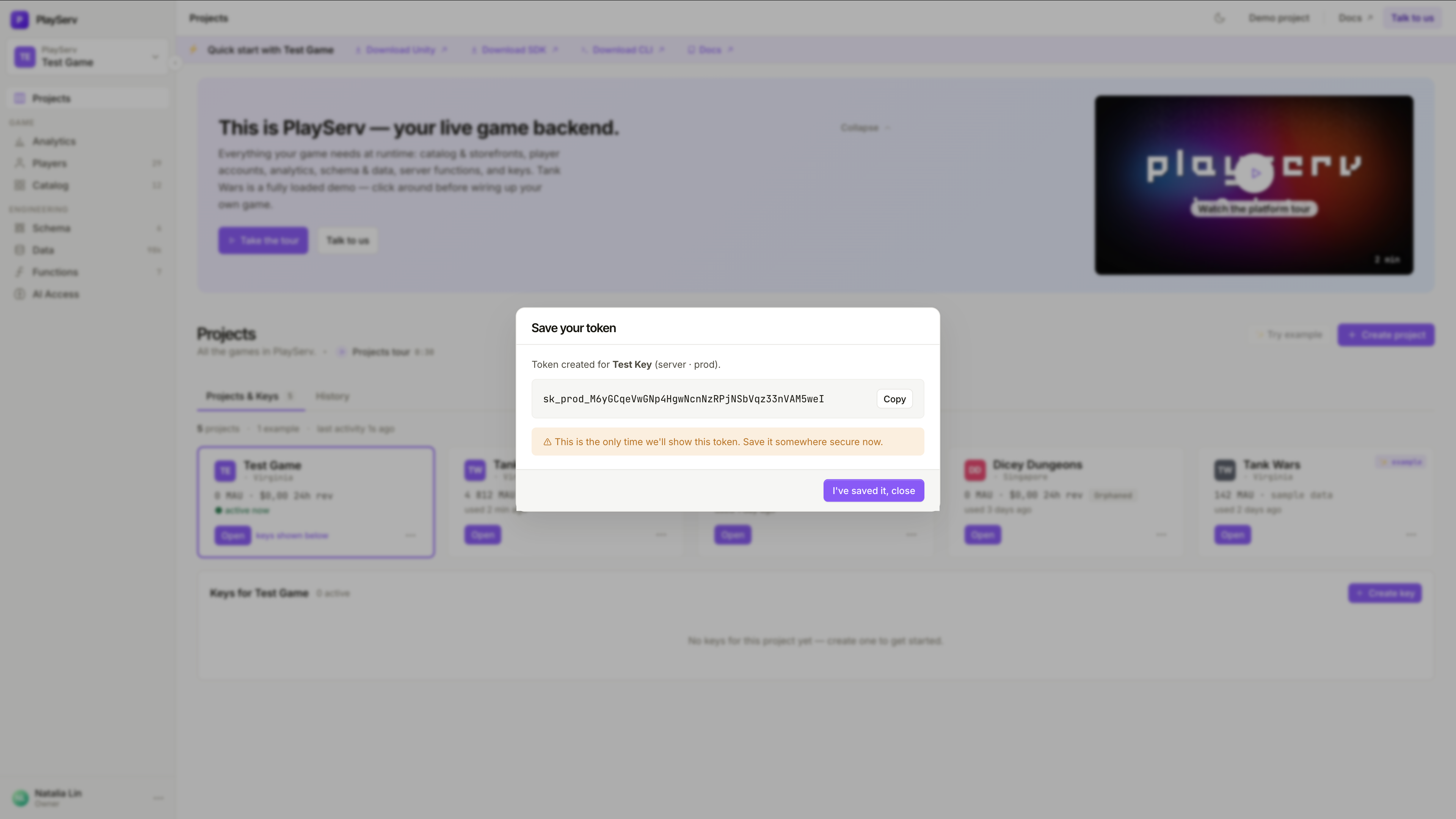 Diálogo Save your token — o único momento em que a Public SDK key é exibida
