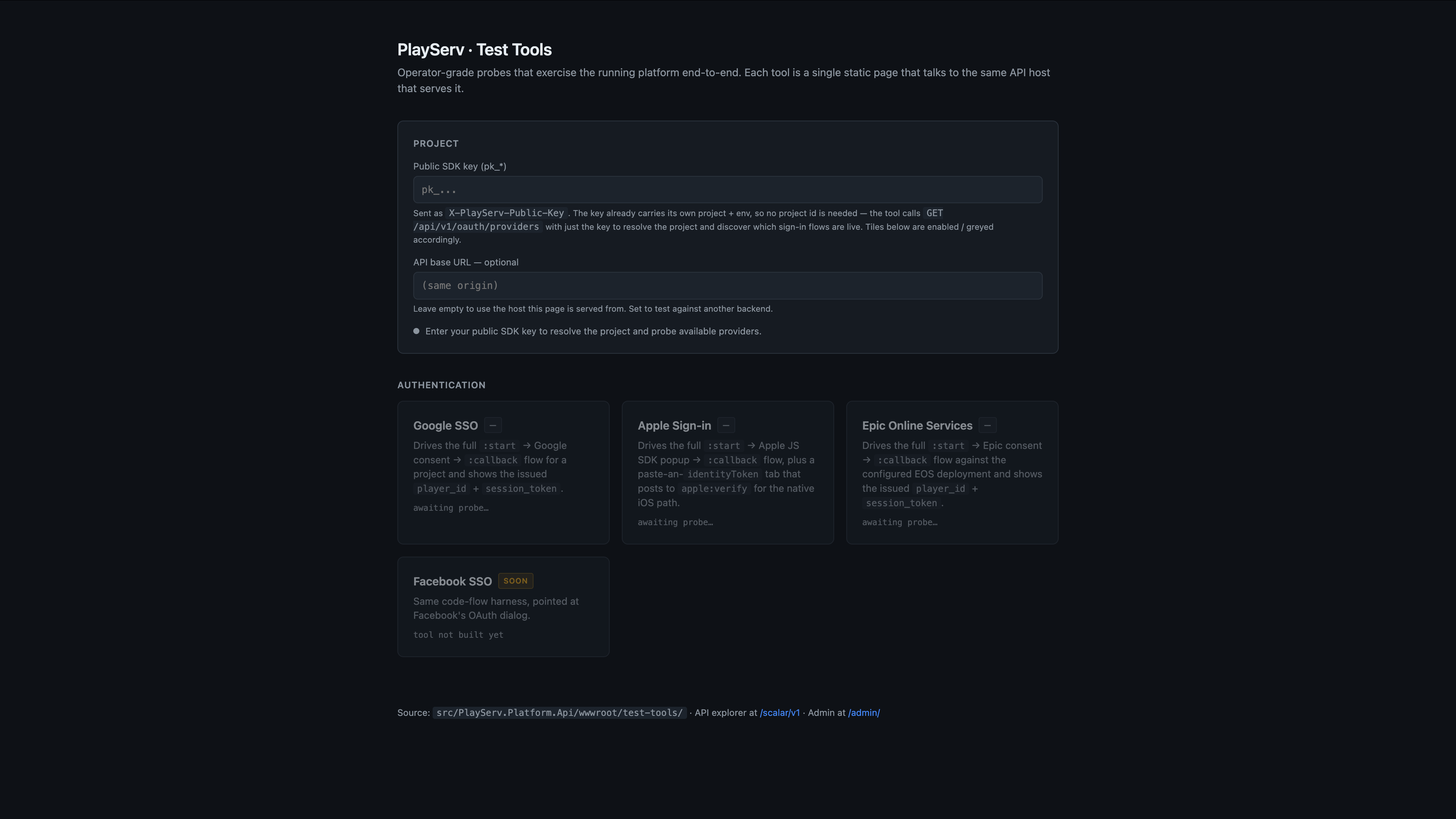Página Test Tools — cards de provedores aguardando a sondagem