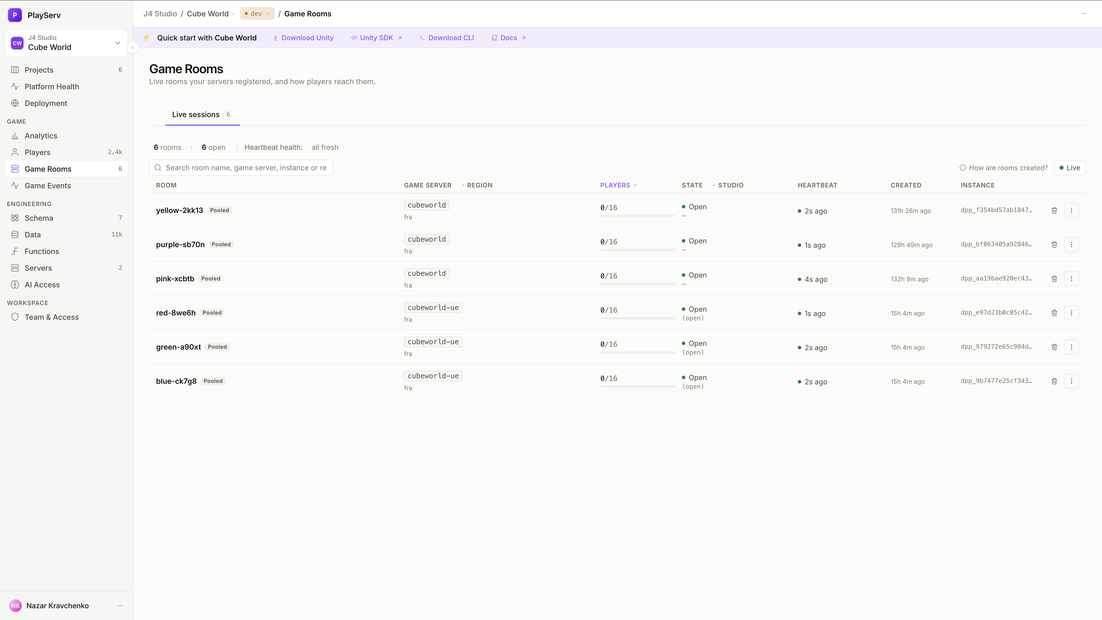 Game Rooms listando seis salas pooled abertas em dois game servers, cada uma com seus jogadores, estado, heartbeat e instância
