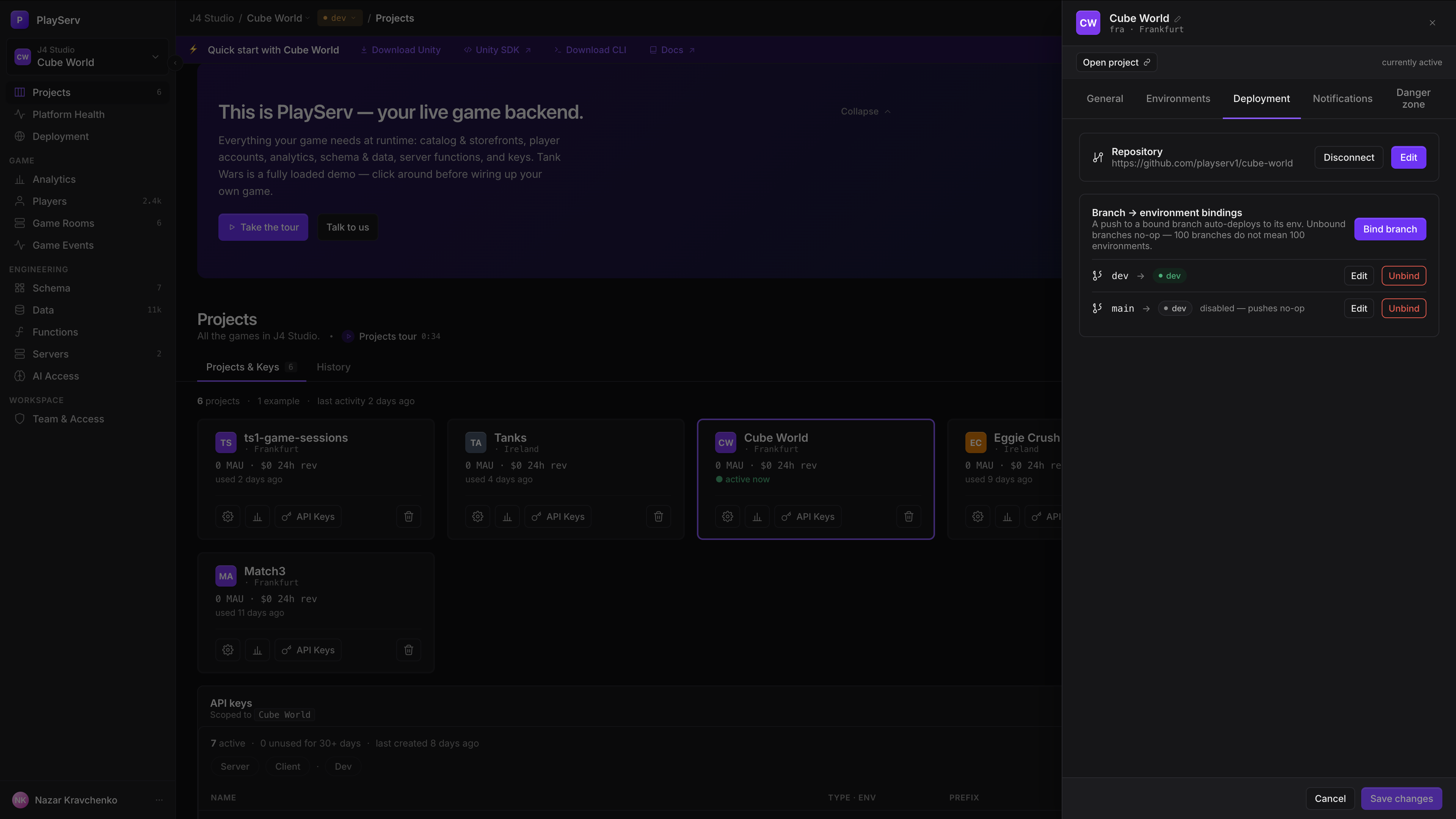 Project settings 打开在 Deployment 标签页，显示一个已连接的 GitHub 仓库和两个分支绑定，其中一个已禁用